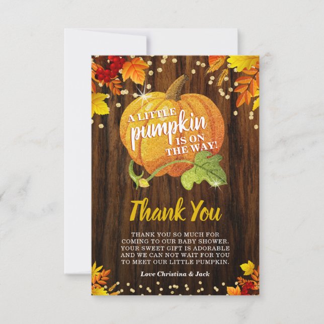Rustic Glitter Pumpkin Fall Neutral Baby Shower Thank You Card (Front)
