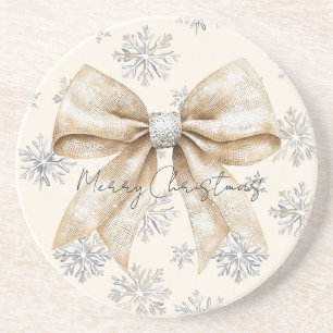 Rustic Glitzy Cream Bows Christmas Coaster