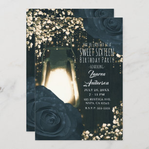 Rustic Glow Lantern & Blue Black Roses Sweet 16 Invitation