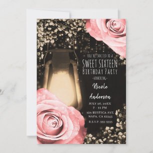 Rustic Glow Lantern Blush Peach Roses Sweet 16  Invitation