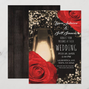 Rustic Glow Lantern Bright Red Roses Glam Wedding Invitation