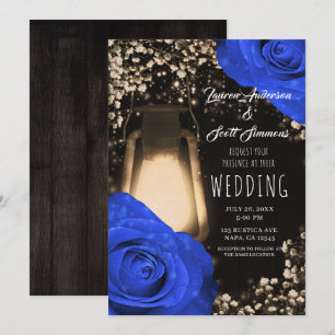 Rustic Glow Lantern & Cobalt Blue Roses Wedding Invitation