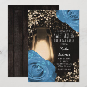 Rustic Glow Lantern Cornflower Blue Roses Sweet 16 Invitation