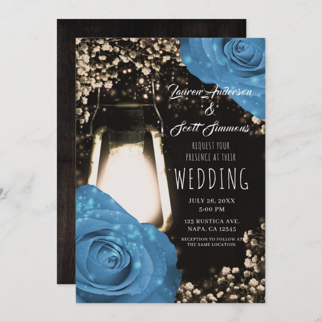 Rustic Glow Lantern Cornflower Blue Roses Wedding  Invitation (Front/Back)