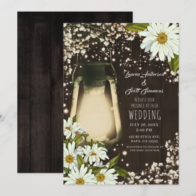 Rustic Glow Lantern Daisies Baby's Breath Wedding Invitation (Front/Back)