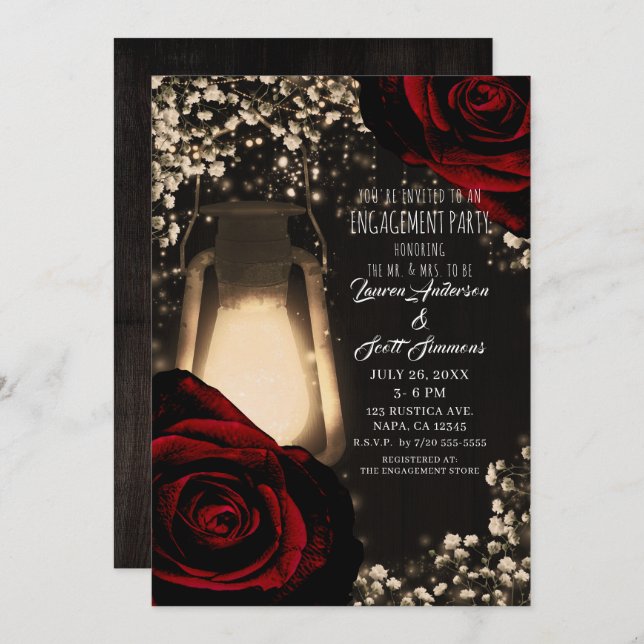 Rustic Glow Lantern Dark Red Roses Engagement Invitation (Front/Back)