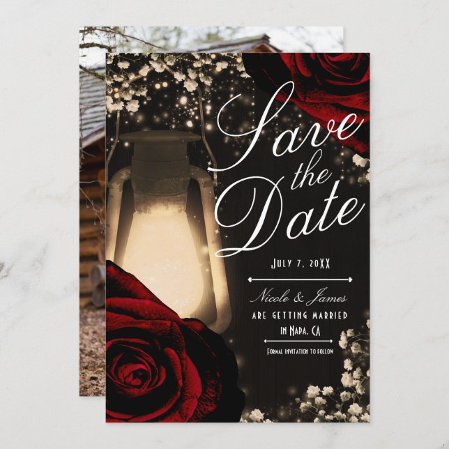 Rustic Glow Lantern & Dark Red Roses Save the Date Invitation (Front/Back)