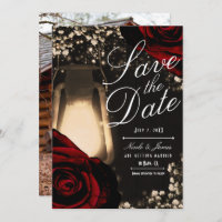 Rustic Glow Lantern & Dark Red Roses Save the Date