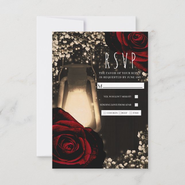 Rustic Glow Lantern & Dark Red Roses Wedding RSVP (Front)