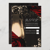 Rustic Glow Lantern & Dark Red Roses Wedding RSVP 