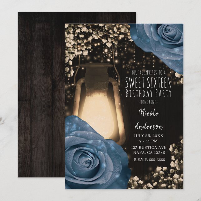Rustic Glow Lantern Dusty Blue Roses Sweet 16 Invitation (Front/Back)