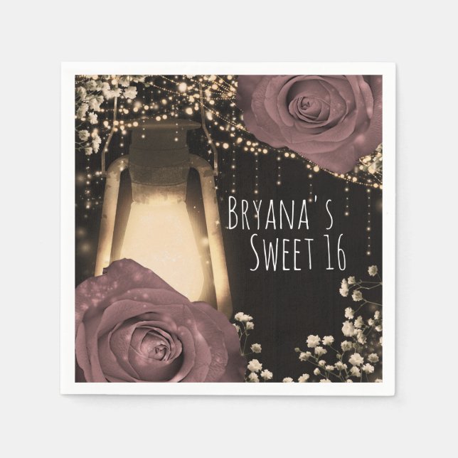 Rustic Glow Lantern Dusty Pink Mauve Roses Napkin (Front)