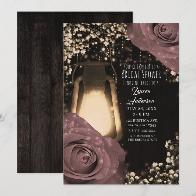 Rustic Glow Lantern Dusty Pink Roses Bridal Shower Invitation (Front/Back)