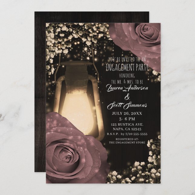 Rustic Glow Lantern Dusty Pink Roses Engagement Invitation (Front/Back)