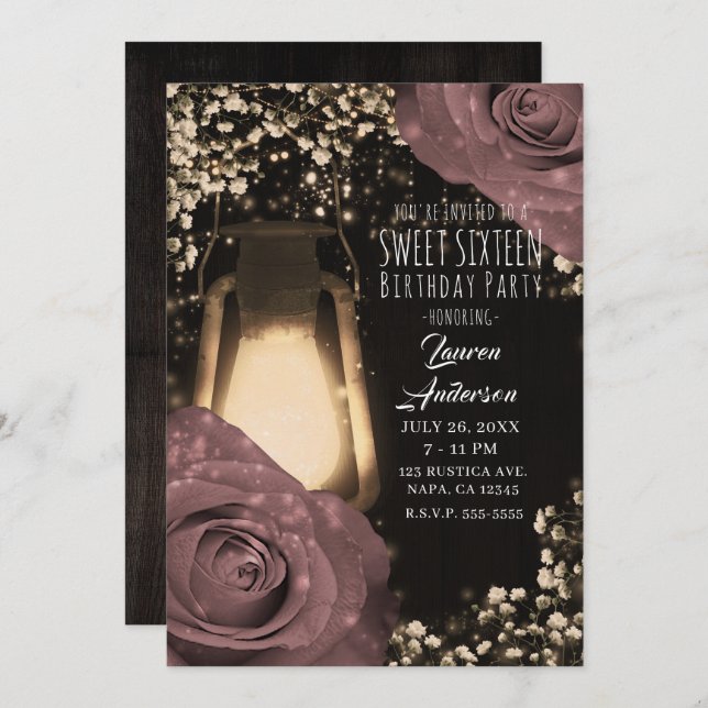 Rustic Glow Lantern Dusty Pink Roses Sweet 16 Invitation (Front/Back)