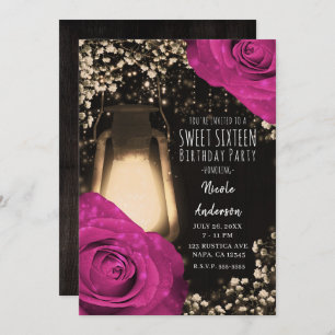 Rustic Glow Lantern Fuchsia Berry Sweet 16 Invitation