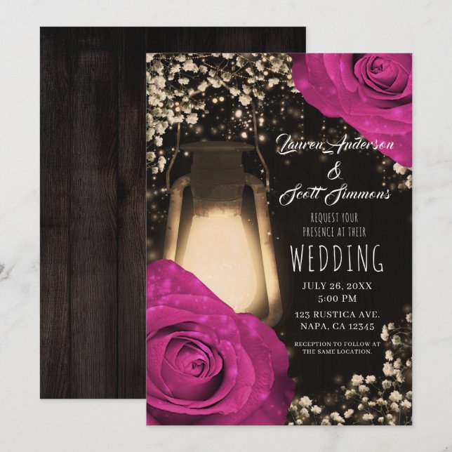 Rustic Glow Lantern Fuchsia Berry Wedding  Invitation (Front/Back)