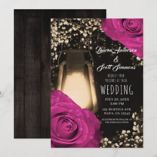 Rustic Glow Lantern Fuchsia Berry Wedding Invitation