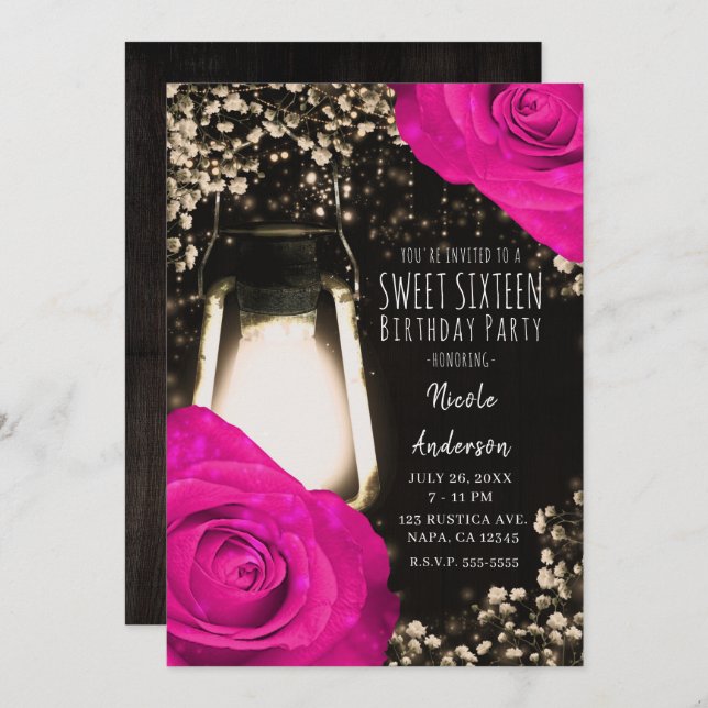 Rustic Glow Lantern & Fuchsia Pink Wedding Invitat Invitation (Front/Back)