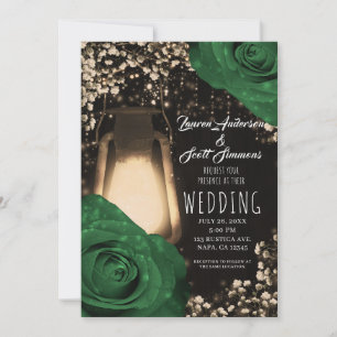 Rustic Glow Lantern Garden Green Roses Wedding Invitation
