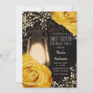 Rustic Glow Lantern Golden Yellow Roses Sweet 16 Invitation