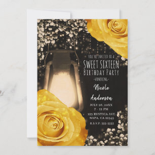 Rustic Glow Lantern Golden Yellow Roses Sweet 16 Invitation