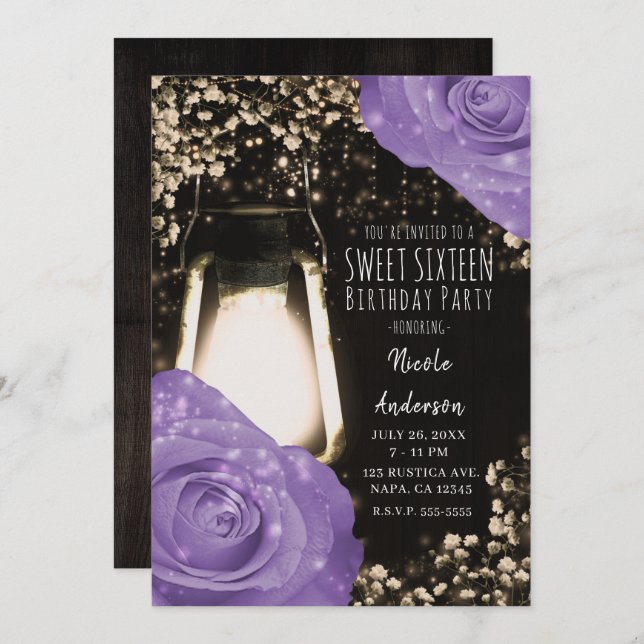 Rustic Glow Lantern Lavender Purple Roses Sweet 16 Invitation (Front/Back)