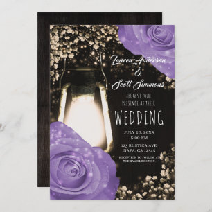 Rustic Glow Lantern Lavender Purple Roses Wedding Invitation
