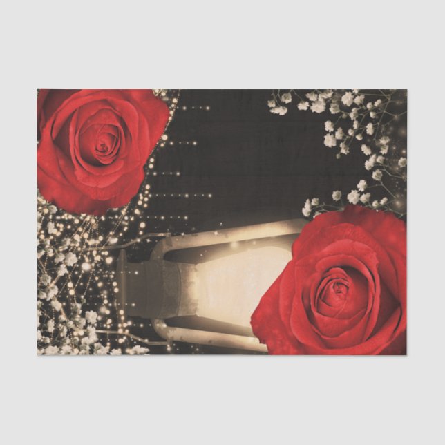 Rustic Glow Lantern Light Bright Red Roses Wedding Tissue Paper (Front)
