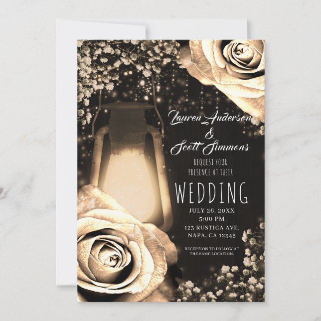 Rustic Glow Lantern Light Gold Roses Wedding   Inv Invitation (Front)
