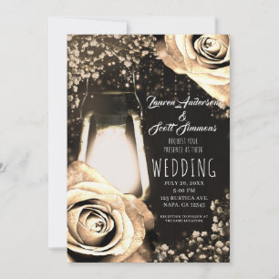 Rustic Glow Lantern Light Gold Roses Wedding Invitation