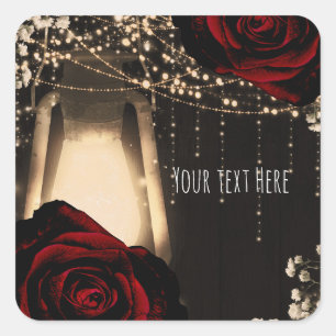 Rustic Glow Lantern Lights Dark Red Roses Wedding Square Sticker