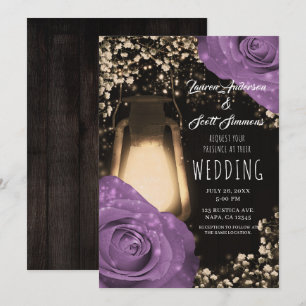 Rustic Glow Lantern Lilac Purple Roses Wedding Invitation