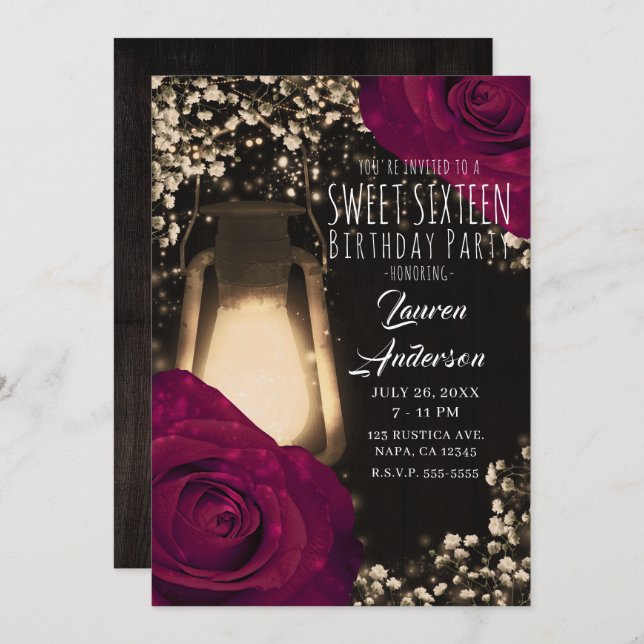 Rustic Glow Lantern & Magenta Roses Sweet 16 Invitation (Front/Back)