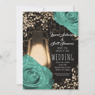 Rustic Glow Lantern Mint Green Roses Wedding Invi Invitation