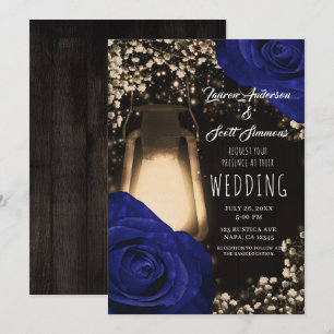 Rustic Glow Lantern & Navy Blue Roses Wedding  Inv Invitation