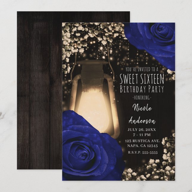 Rustic Glow Lantern Navy Roses Wedding Sweet 16 Invitation (Front/Back)