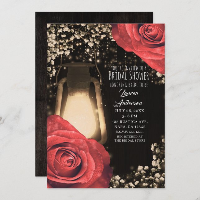 Rustic Glow Lantern & Red Roses Bridal Shower Invitation (Front/Back)