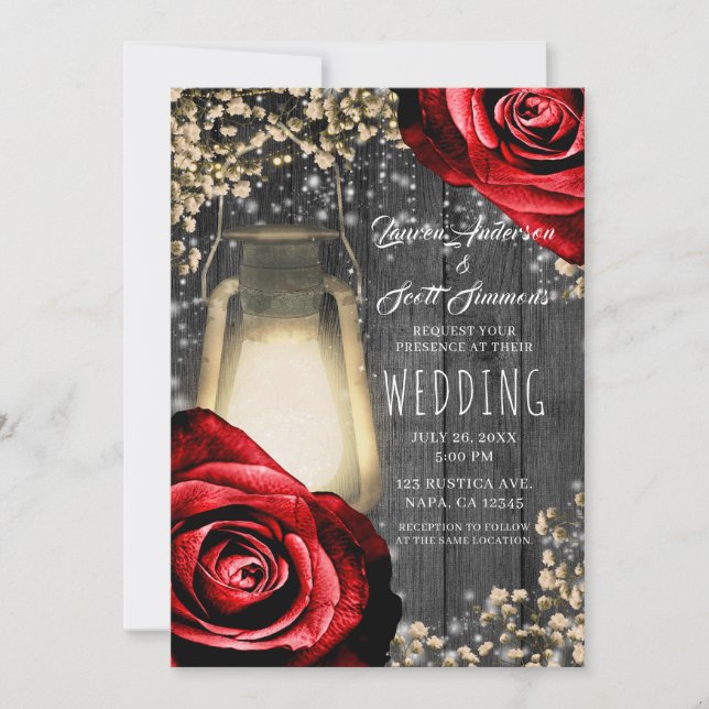 Rustic Glow Lantern Red Roses Dark Grey Wedding Invitation (Front)
