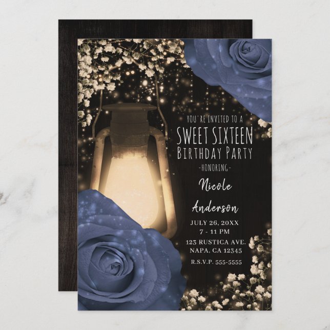 Rustic Glow Lantern & Steele Blue Roses Sweet 16 Invitation (Front/Back)