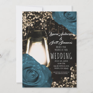 Rustic Glow Lantern Teal Green Blue Roses Wedding  Invitation