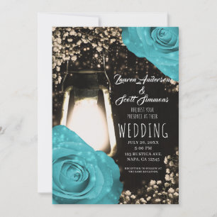Rustic Glow Lantern Turquoise Blue Roses Wedding Invitation