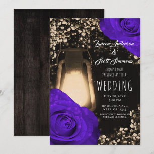 Rustic Glow Lantern & Violet Purple Roses Wedding  Invitation