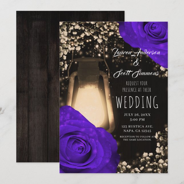 Rustic Glow Lantern & Violet Purple Roses Wedding  Invitation (Front/Back)
