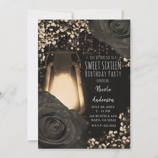 Rustic Glow Lantern Warm Black Roses Sweet 16 Invitation (Front)