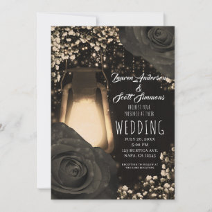 Rustic Glow Lantern Warm Grey Black Roses Wedding Invitation