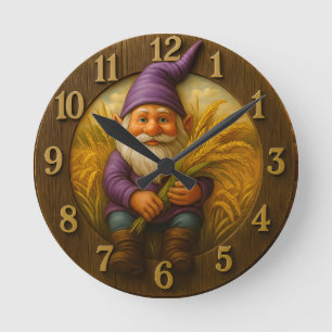 Rustic gnome harvest with golden wheat accents round clock