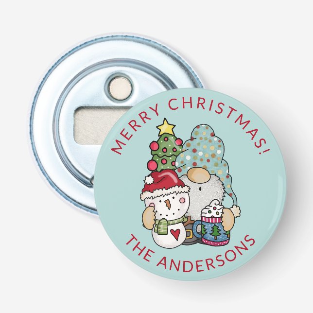 Rustic Gnome Snowman Christmas Bottle Open Opener (Front)