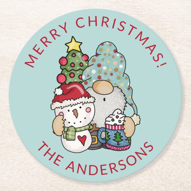 Rustic Gnome Snowman Christmas  Round Pape Round Paper Coaster (Front)