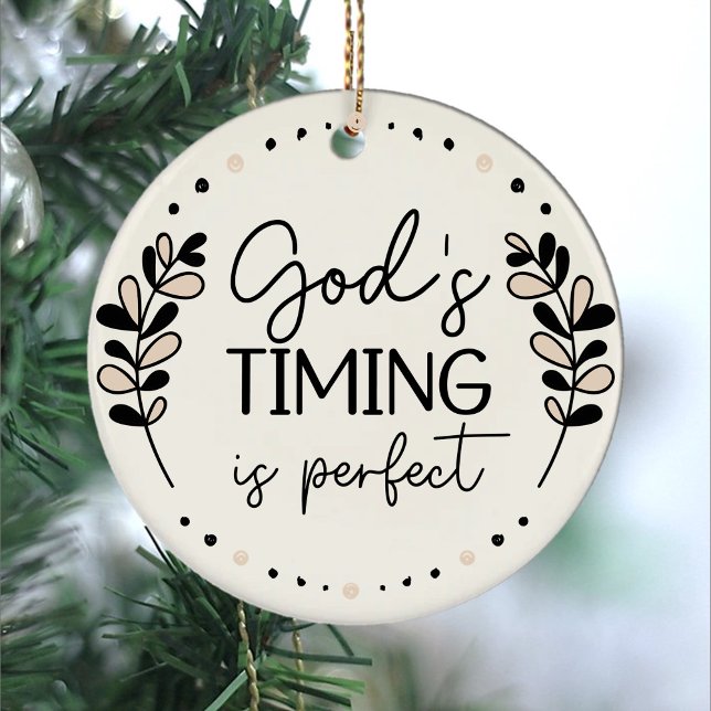 Rustic God's Timing Is Perfect Beige Black Leaves Ceramic Ornament (God's timing is perfect Christian Inspirational Script Typography Leaves Ceramic Christmas Ornament.)